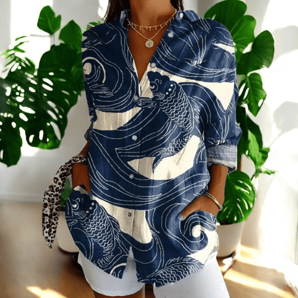 Women's Artistic Floral Print Blouse with Collared V-Neck