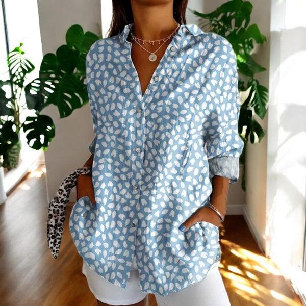Women's Artistic Floral Print Blouse with Collared V-Neck