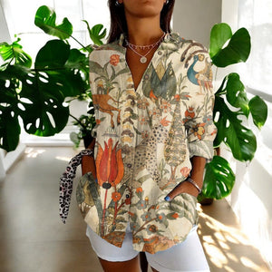 Women's Artistic Floral Print Blouse with Collared V-Neck