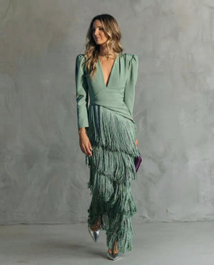 Women's Maxi Dress with Fringe and Plunge Neckline