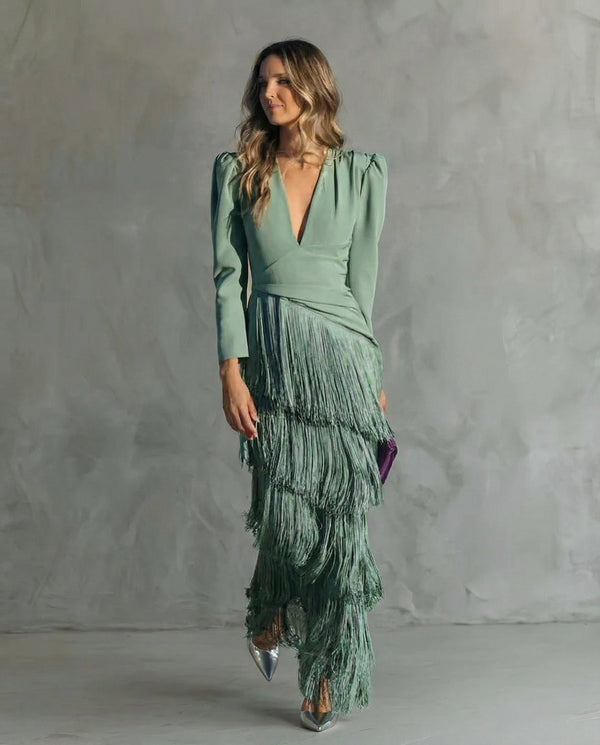 Women's Maxi Dress with Fringe and Plunge Neckline