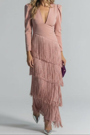 Women's Maxi Dress with Fringe and Plunge Neckline