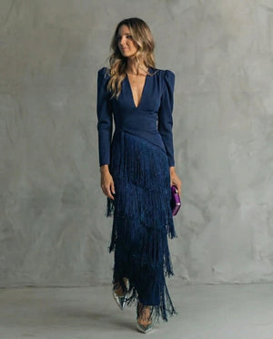 Women's Maxi Dress with Fringe and Plunge Neckline