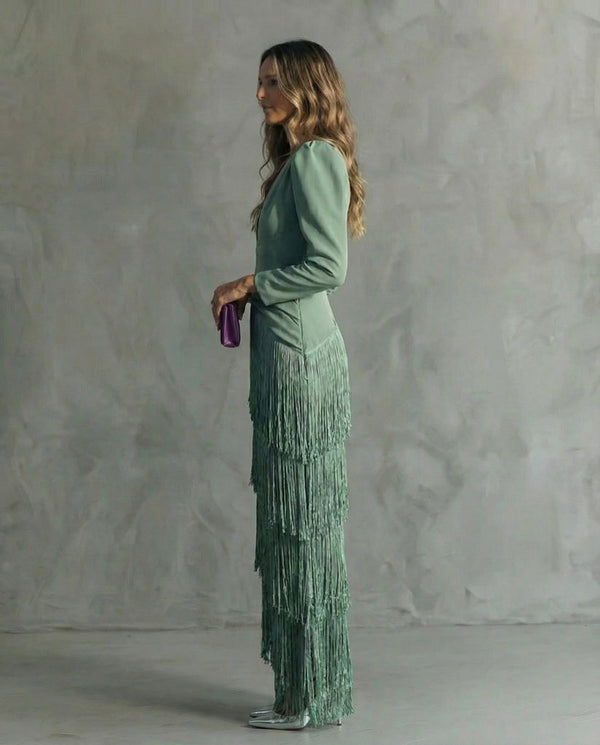 Women's Maxi Dress with Fringe and Plunge Neckline