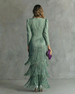 Women's Maxi Dress with Fringe and Plunge Neckline