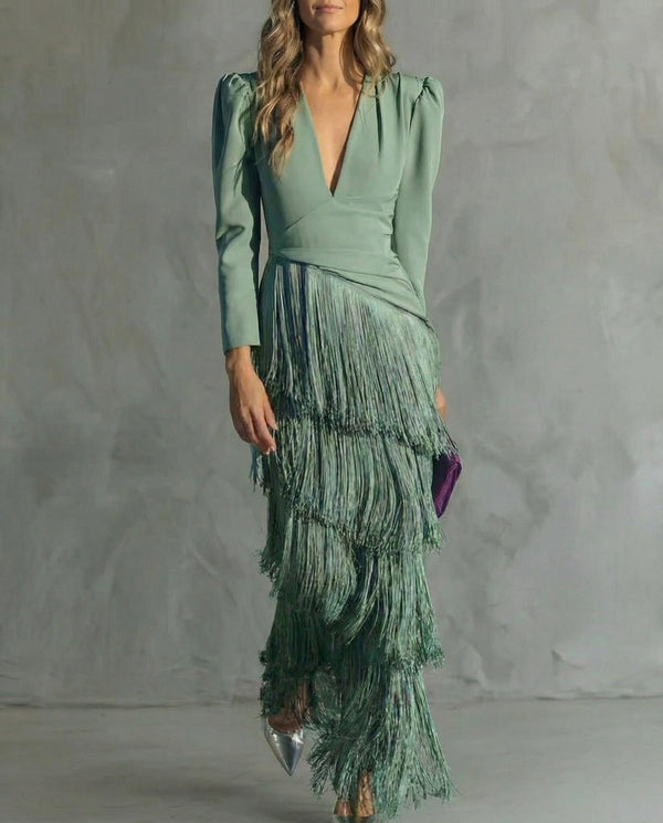 Women's Maxi Dress with Fringe and Plunge Neckline