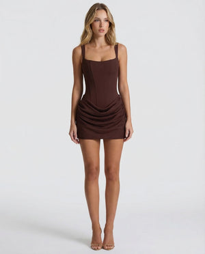 Vestido mini de mujer con corsé, cuello cuadrado y fruncido