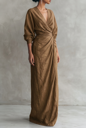 Women's V-Neck Wrap Maxi Dress with Ruched Waist