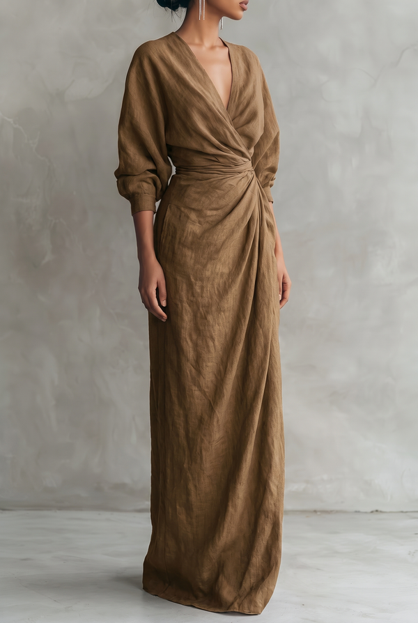 Women's V-Neck Wrap Maxi Dress with Ruched Waist