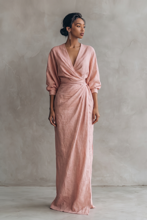 Women's V-Neck Wrap Maxi Dress with Ruched Waist