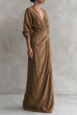 Women's V-Neck Wrap Maxi Dress with Ruched Waist