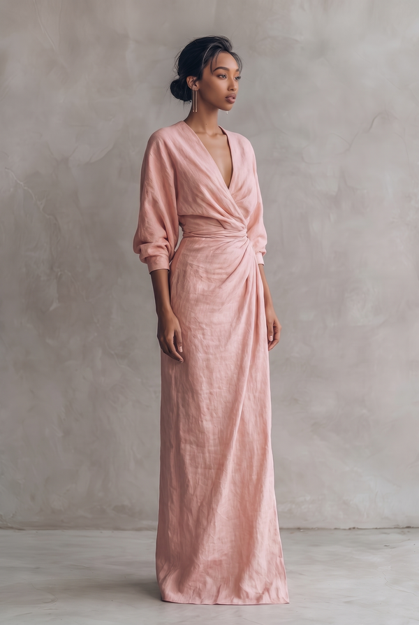 Women's V-Neck Wrap Maxi Dress with Ruched Waist