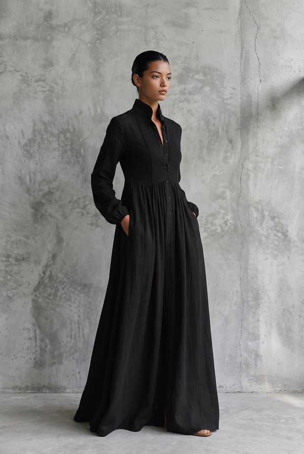 Women's Long Sleeve Button-Front Maxi Dress