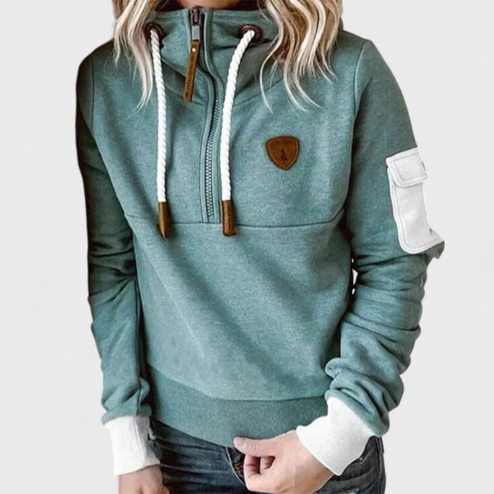 Suéter con capucha para mujer con cremallera en el cuello y detalle de cordón