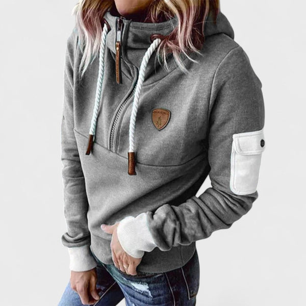 Women's Hooded Sweater with Zip Neck and Drawstring Detail