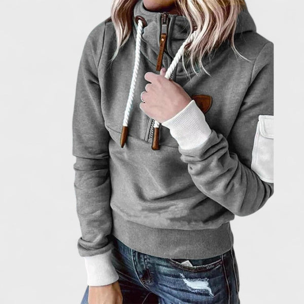 Women's Hooded Sweater with Zip Neck and Drawstring Detail