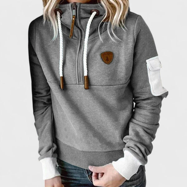Women's Hooded Sweater with Zip Neck and Drawstring Detail
