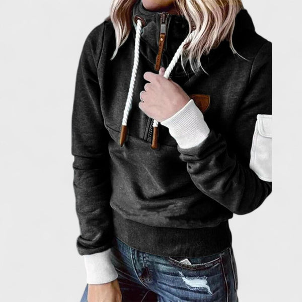 Women's Hooded Sweater with Zip Neck and Drawstring Detail