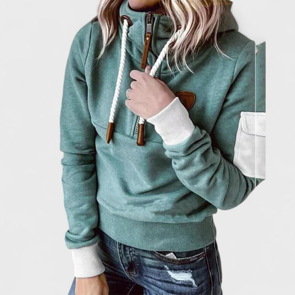 Women's Hooded Sweater with Zip Neck and Drawstring Detail