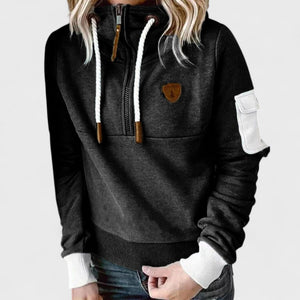 Women's Hooded Sweater with Zip Neck and Drawstring Detail