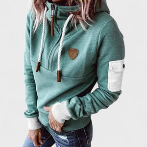 Women's Hooded Sweater with Zip Neck and Drawstring Detail