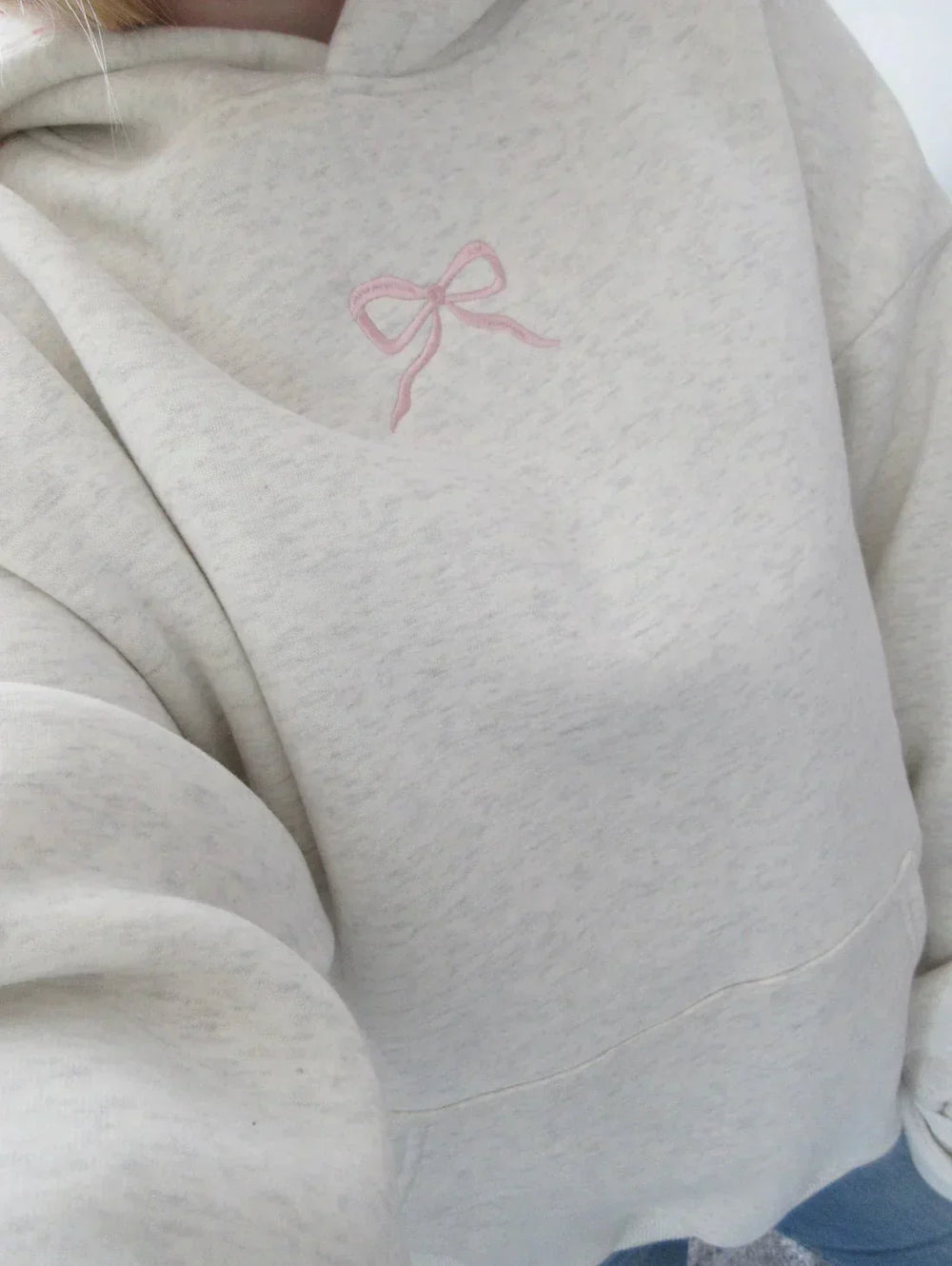 Women's Cream Hoodie with Pink Bow Detail