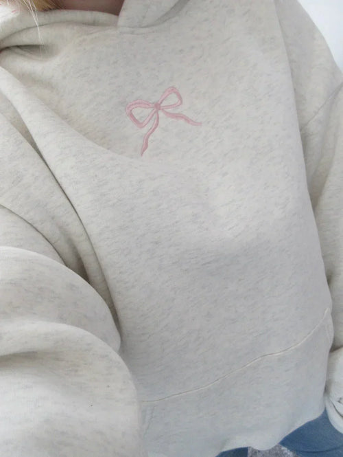 Women's Cream Hoodie with Pink Bow Detail