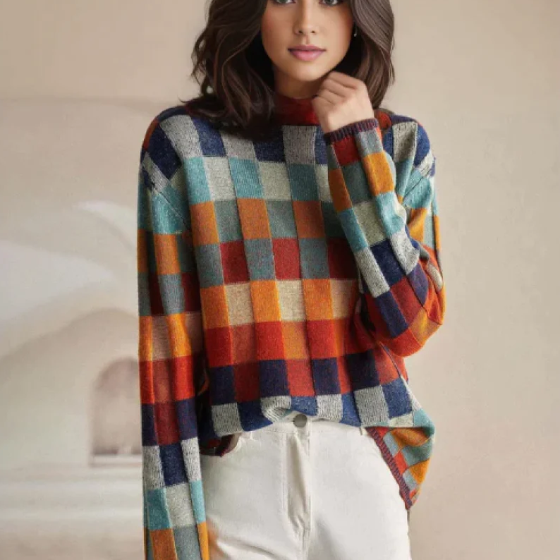 Suéter de punto para mujer con bloques de color y diseño a cuadros