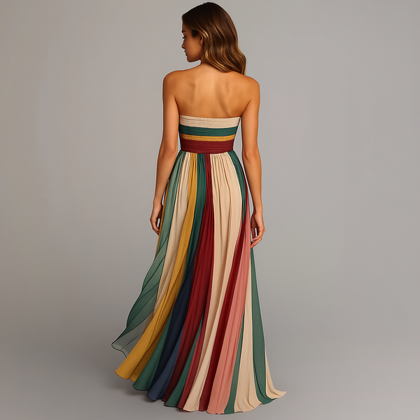 Women's Strapless Rainbow Pleated Maxi Dress