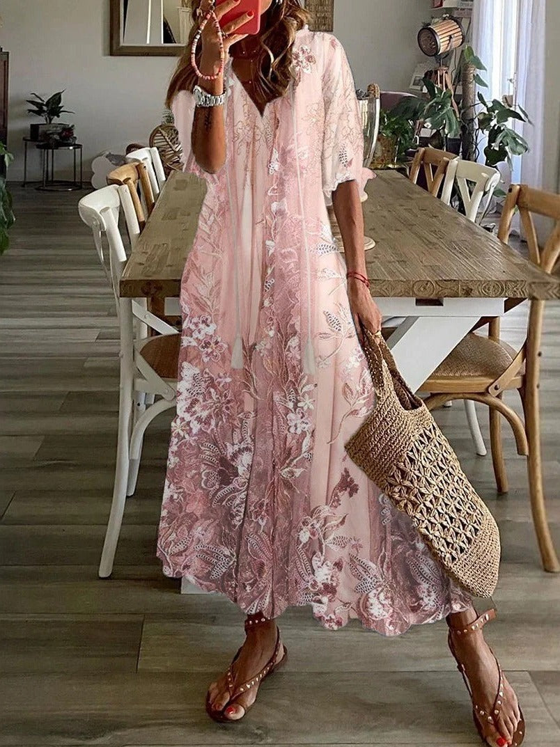 Women's Floral Maxi Dress with Half Sleeves