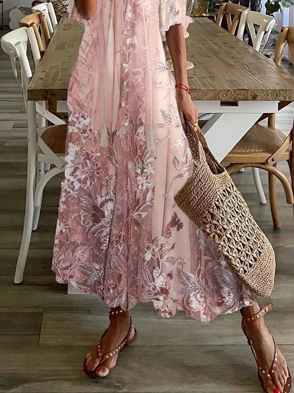 Vestido maxi floral con mangas tres cuartos para mujer