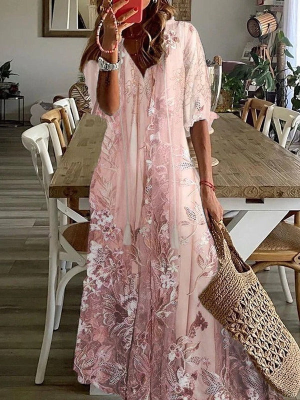 Vestido maxi floral con mangas tres cuartos para mujer