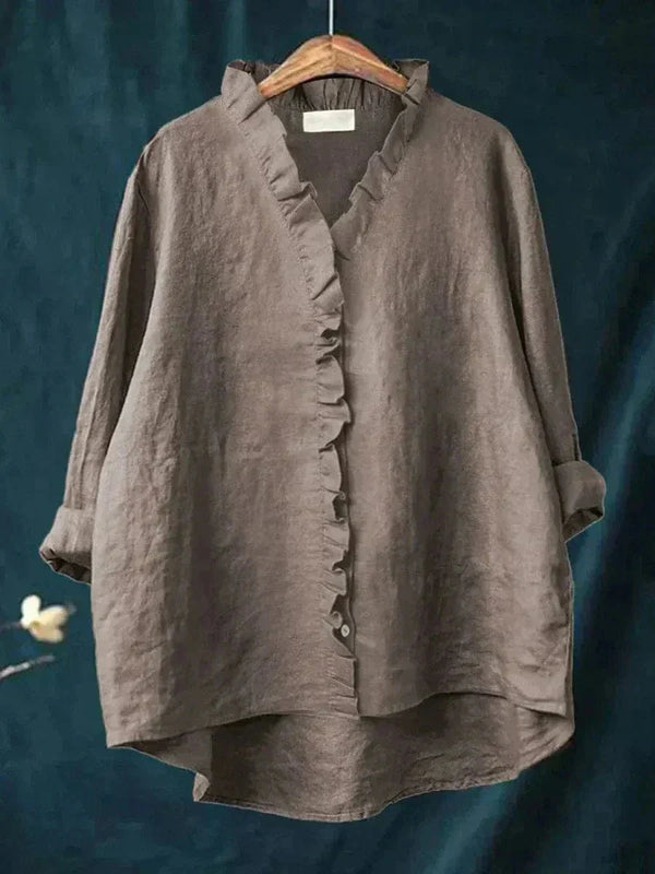 Women's Ruffle Trim V-Neck Blouse with Button-Front Detail