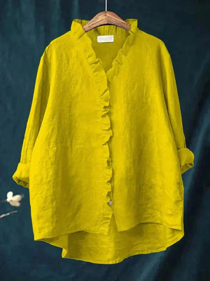 Women's Ruffle Trim V-Neck Blouse with Button-Front Detail