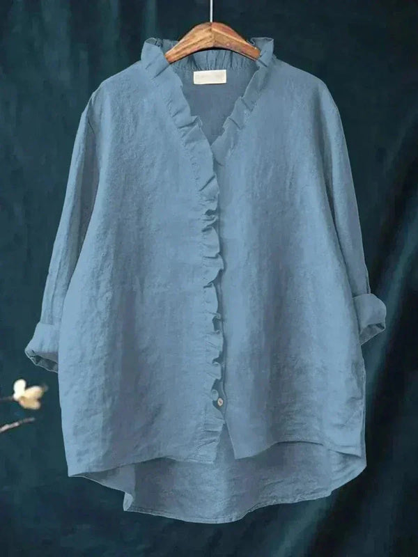 Women's Ruffle Trim V-Neck Blouse with Button-Front Detail