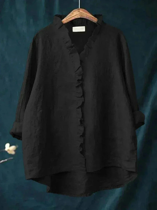 Women's Ruffle Trim V-Neck Blouse with Button-Front Detail