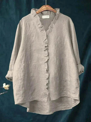 Women's Ruffle Trim V-Neck Blouse with Button-Front Detail