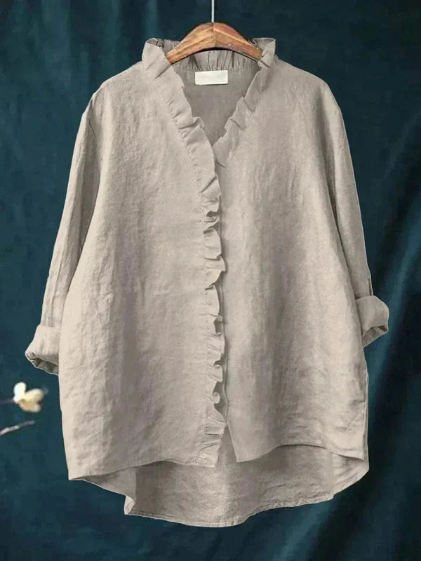 Women's Ruffle Trim V-Neck Blouse with Button-Front Detail