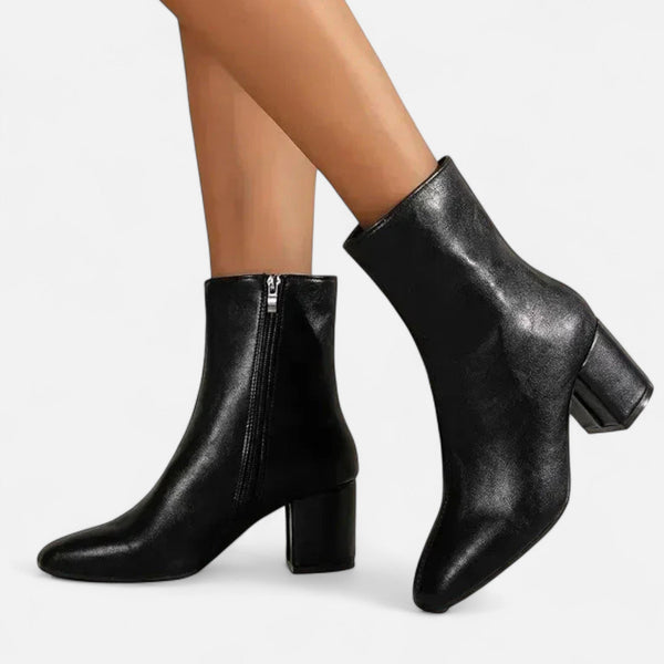 Sleek Square Toe Zip-Up Block Heel Ankle Boots
