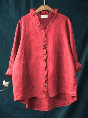 Women's Ruffle Trim V-Neck Blouse with Button-Front Detail