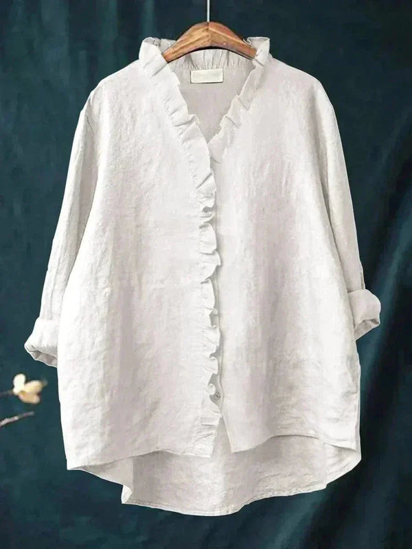 Women's Ruffle Trim V-Neck Blouse with Button-Front Detail
