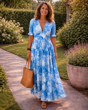 Women's Floral Print Maxi Dress with V-Neck, Short Sleeves