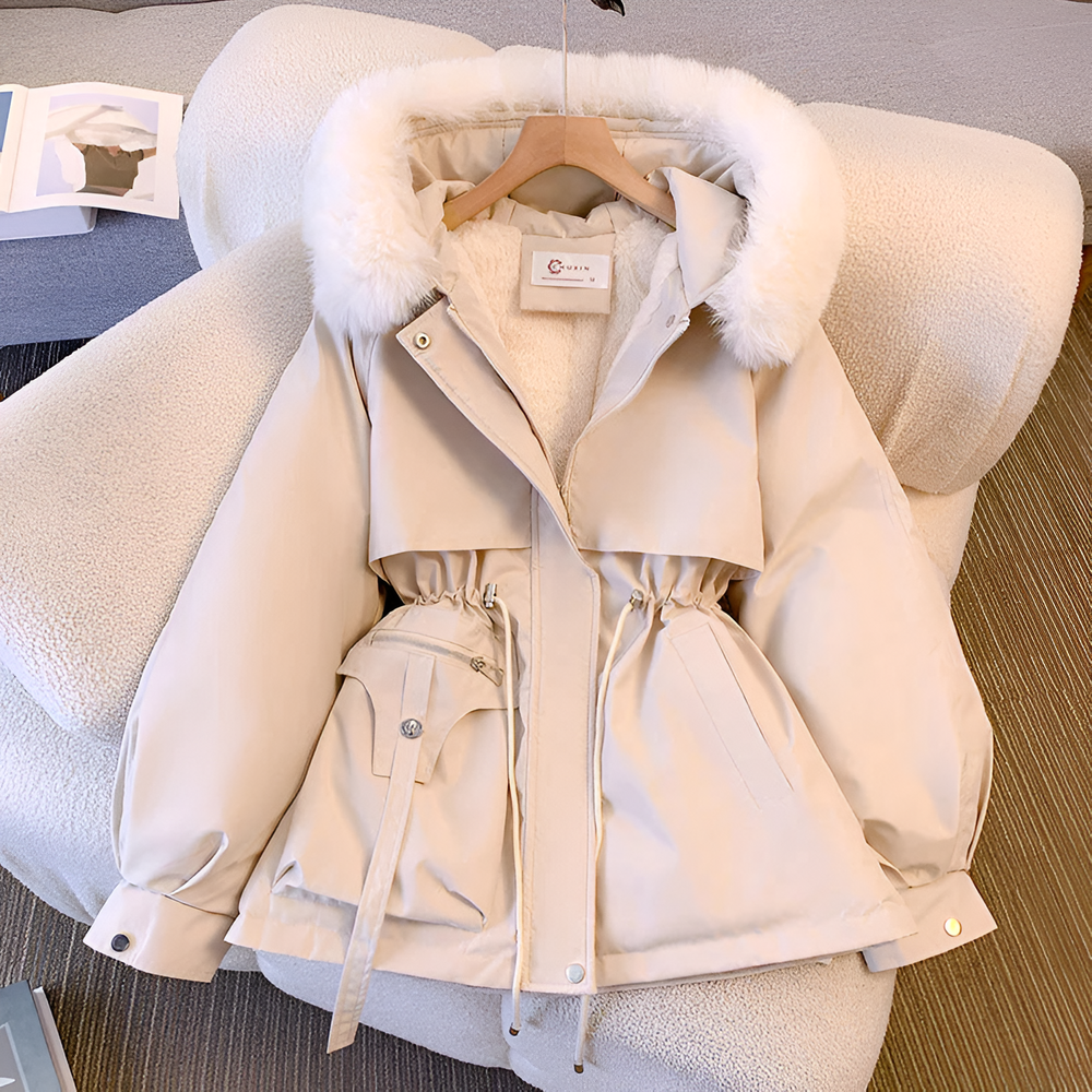 Abrigo de invierno para mujer con cintura ajustable y piel sintética