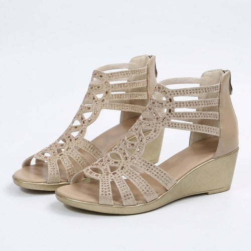 Women’s Rhinestone Gladiator Wedge Sandals with Back Zipper