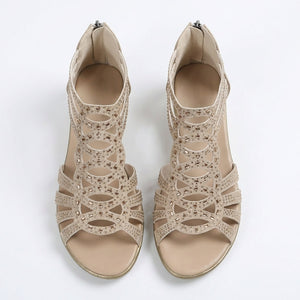 Women’s Rhinestone Gladiator Wedge Sandals with Back Zipper