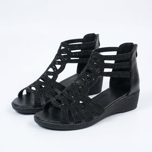 Women’s Rhinestone Gladiator Wedge Sandals with Back Zipper
