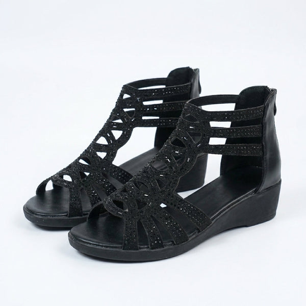 Women’s Rhinestone Gladiator Wedge Sandals with Back Zipper