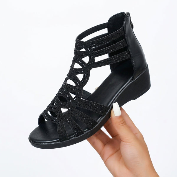 Women’s Rhinestone Gladiator Wedge Sandals with Back Zipper