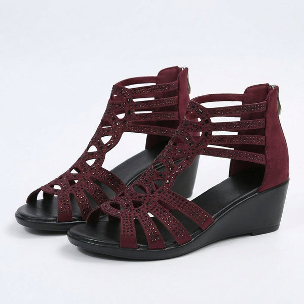 Women’s Rhinestone Gladiator Wedge Sandals with Back Zipper