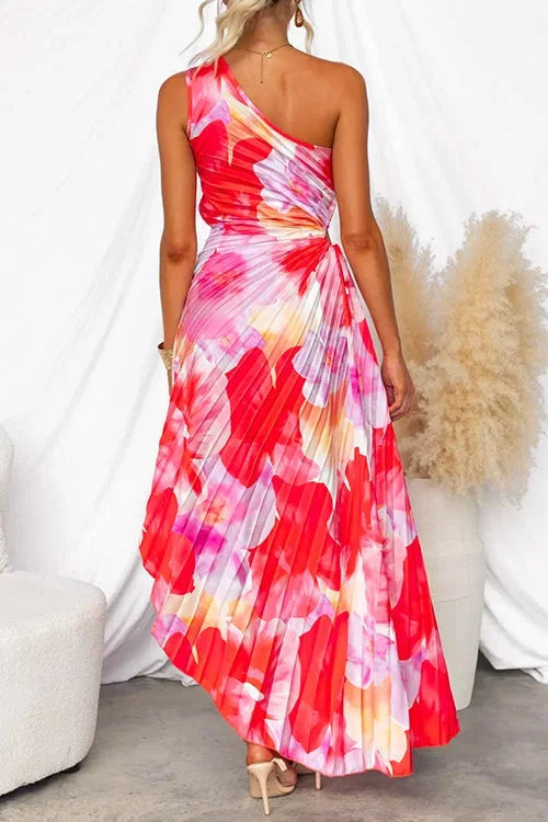 Women’s One Shoulder Floral Maxi Dress with Draped Waist and Flowing Skirt